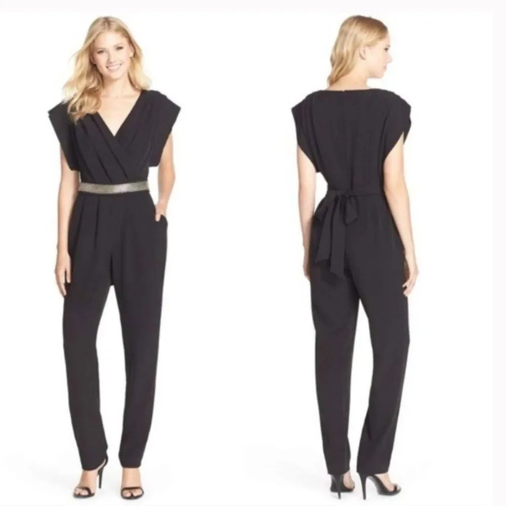 Eliza J Black Cinched Waist Jumpsuit V-Neck Size 6